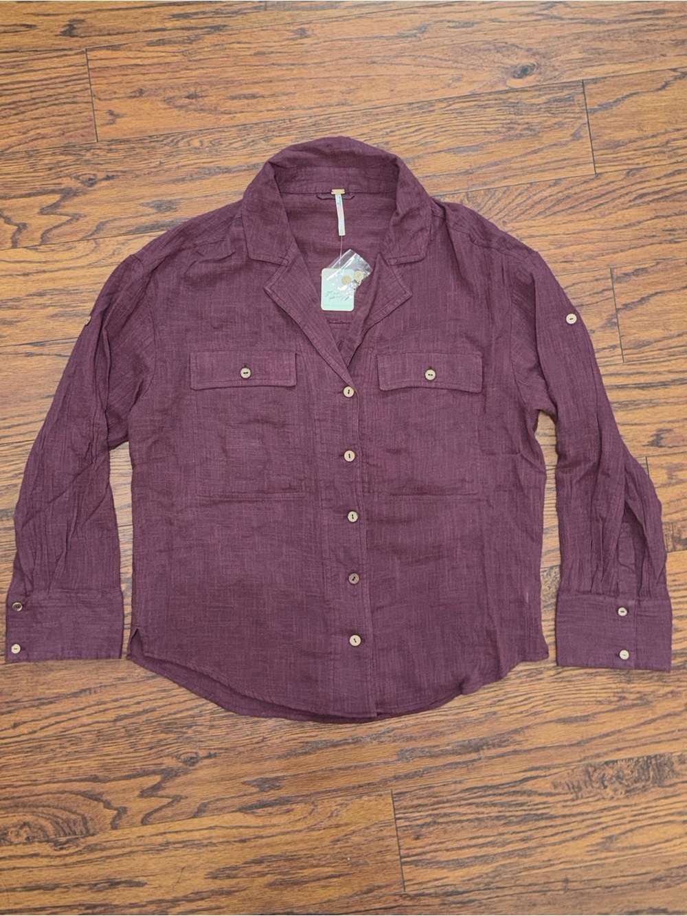 Free People Endless Summer Love Cotton Gauze Button-Up Long Sleeve Shirt Plum XS